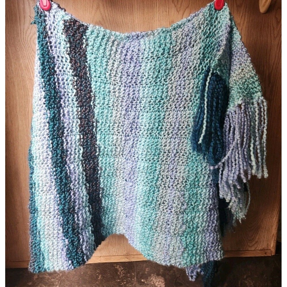 Soft Wide Handmade Scarf Crochet ~18x64 In. Multicolor Blue Stripes W/ Fringe - Picture 16 of 16